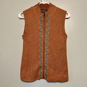 Woolrich Sz Small Embroidered Clove Tan Brown Knit Sweater Sleeveless Full Zip